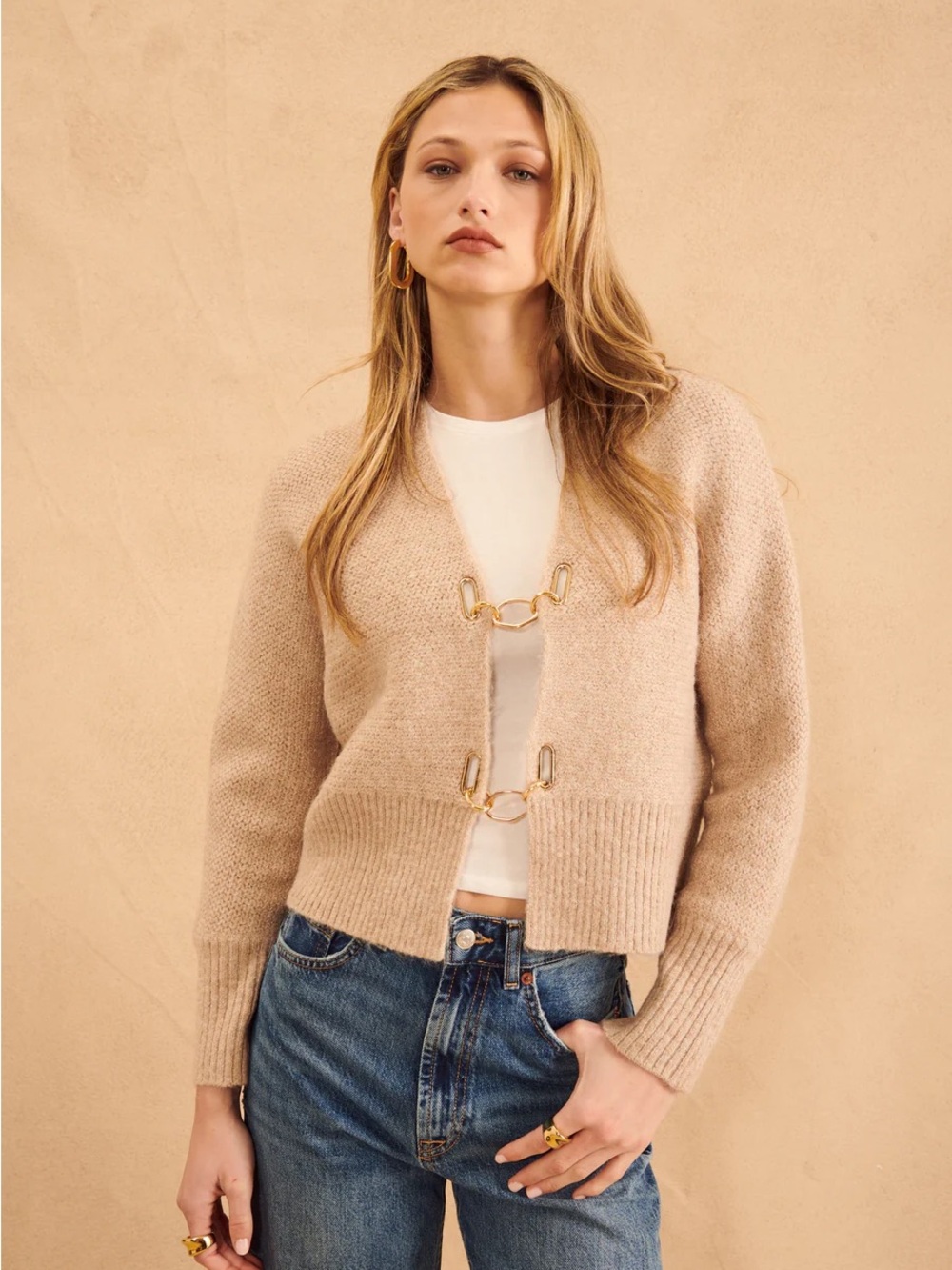 John + Jenn Beige Hook-Front Women's Cardigan Sweater